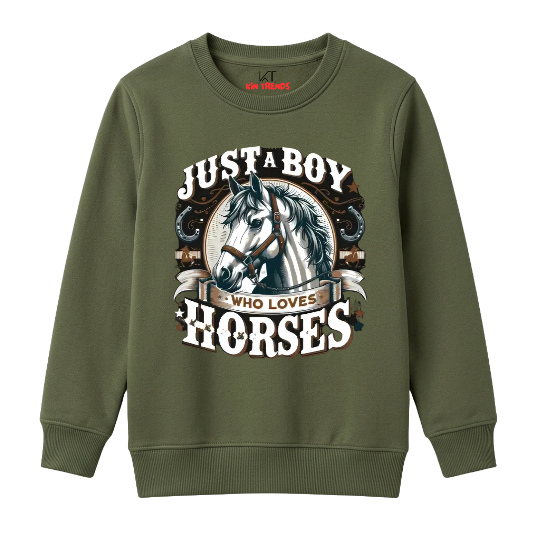 Just A Boy Who Loves Horses Typography Kids Winter Sweatshirt