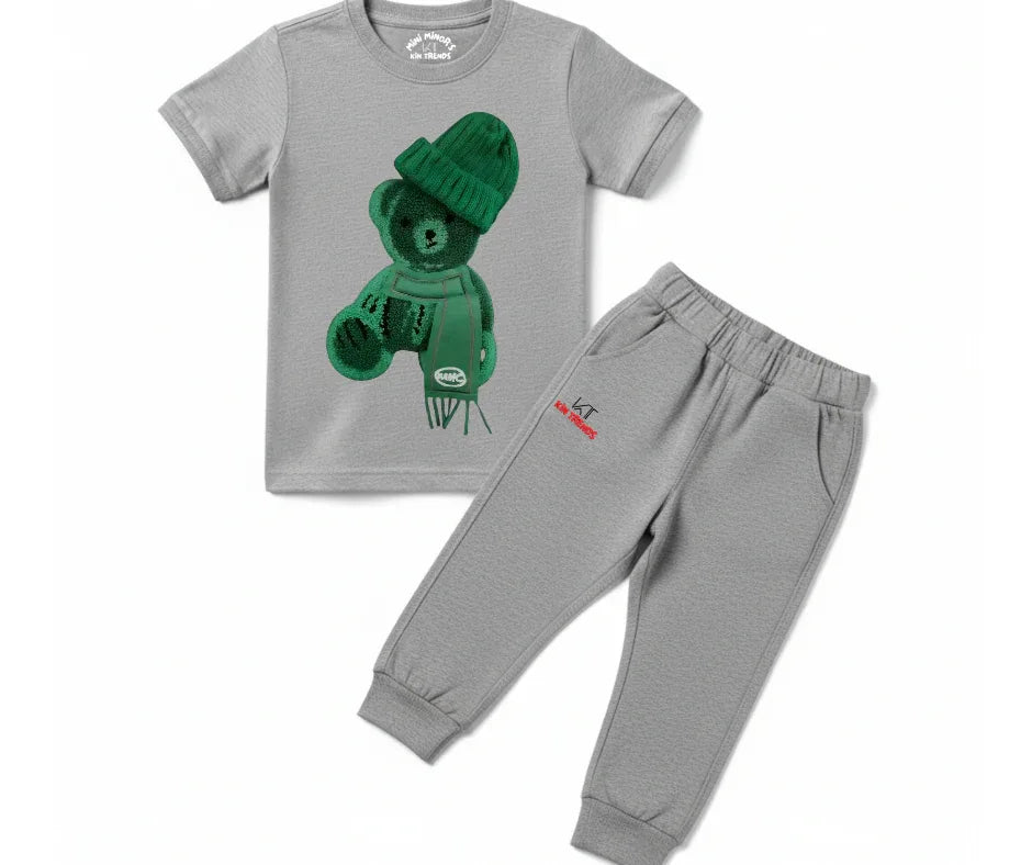 Greeny bear Tracksuit (Not Embroidered) Kids T shirt and trouser | Mini Minors Kin Trends | Kintrends
