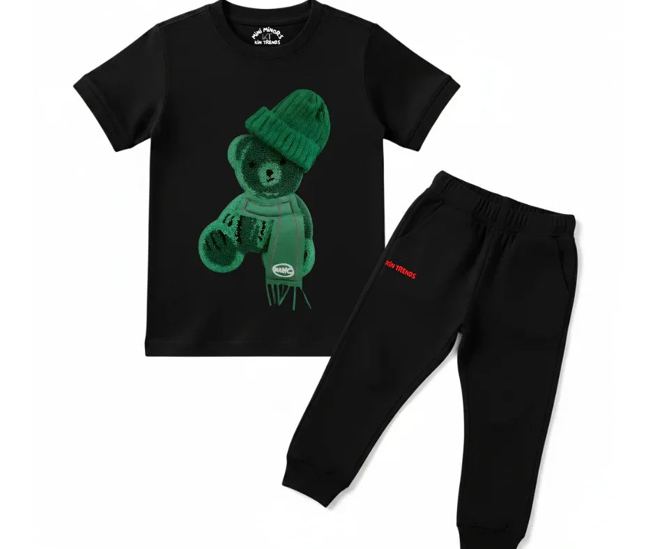 Greeny bear Tracksuit (Not Embroidered) Kids T shirt and trouser | Mini Minors Kin Trends | Kintrends