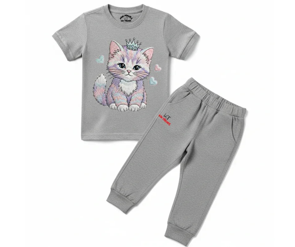 Premium Cute Cat Tracksuit (Not Embroidered) | Kids T shirt and trouser | Mini Minors Kin Trends | Kintrends
