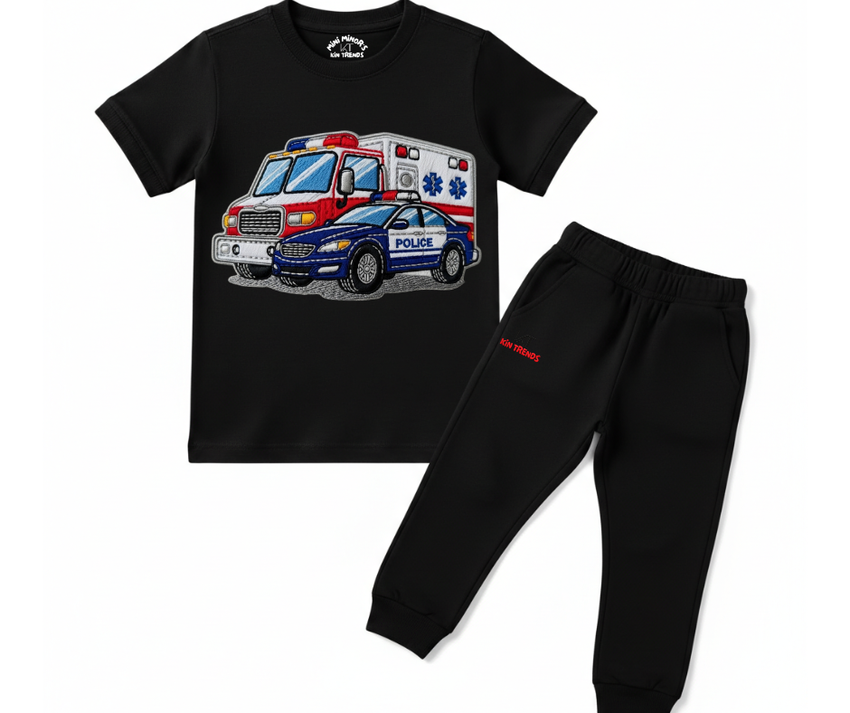 Ambulance Police Tracksuit (Not Embroidered) Kids T shirt and trouser set | Mini Minors Kin Trends | Kintrends