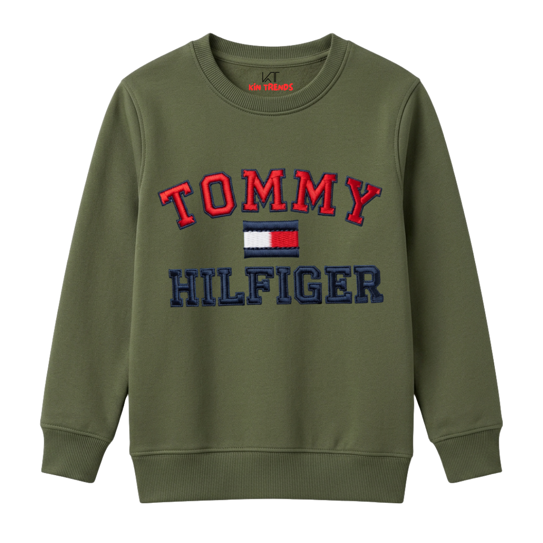 Kids Olive Green Premium Tommy Style Graphic Winter Fleece