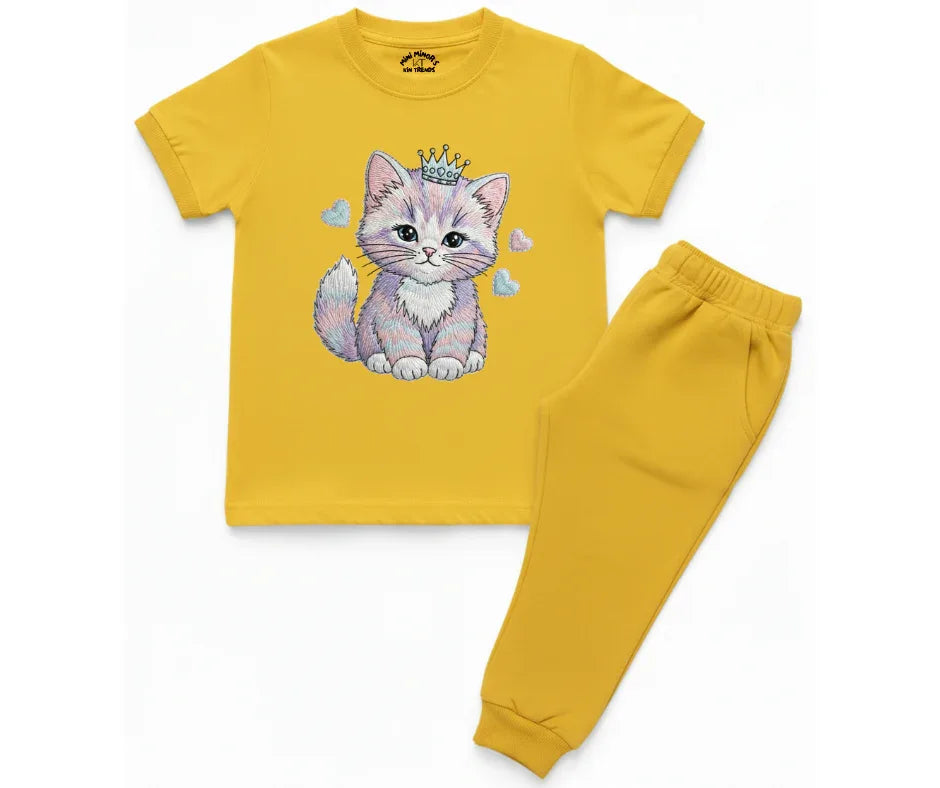 Premium Cute Cat Tracksuit (Not Embroidered) | Kids T shirt and trouser | Mini Minors Kin Trends | Kintrends
