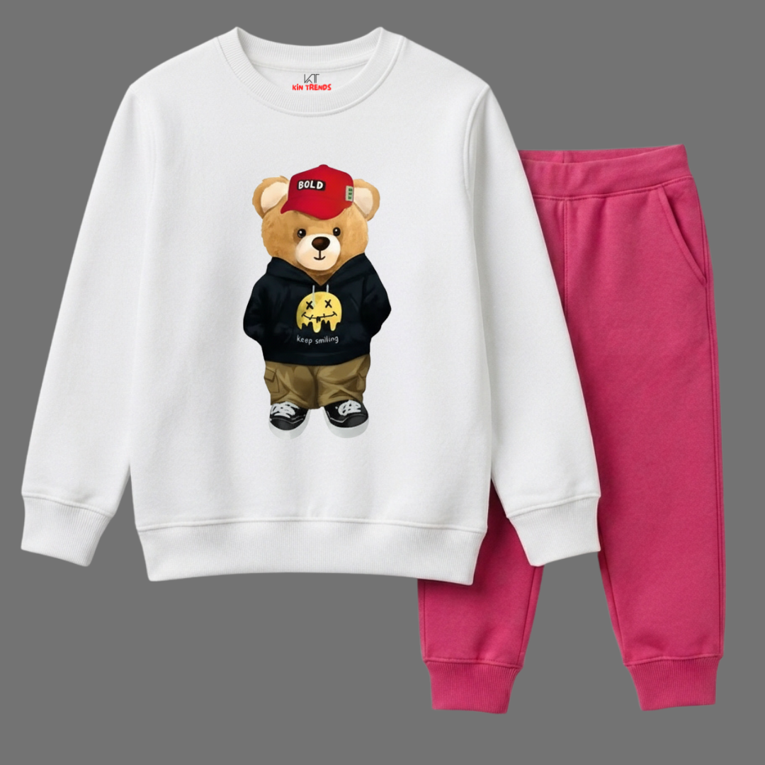Girls White & Pink Street Style Cartoon Bear Graphic Winter Suit