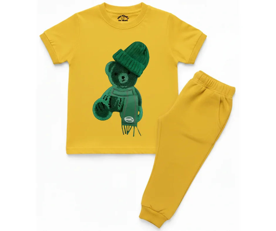 Greeny bear Tracksuit (Not Embroidered) Kids T shirt and trouser | Mini Minors Kin Trends | Kintrends