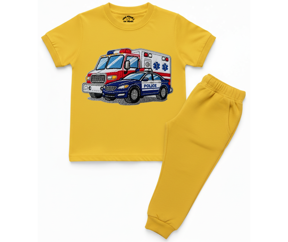 Ambulance Police Tracksuit (Not Embroidered) Kids T shirt and trouser set | Mini Minors Kin Trends | Kintrends