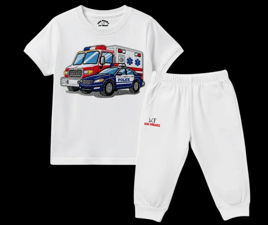 Ambulance Police Tracksuit (Not Embroidered) Kids T shirt and trouser set | Mini Minors Kin Trends | Kintrends
