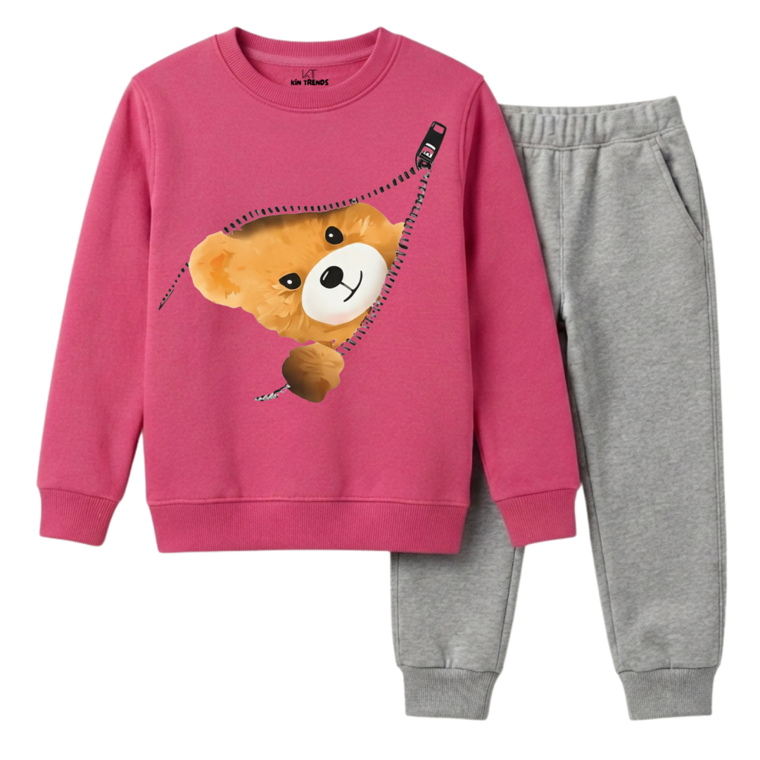 Creative Zipper Peekaboo Bear Girls Winter Sweatshirt Tracksuit - 2 Pcs