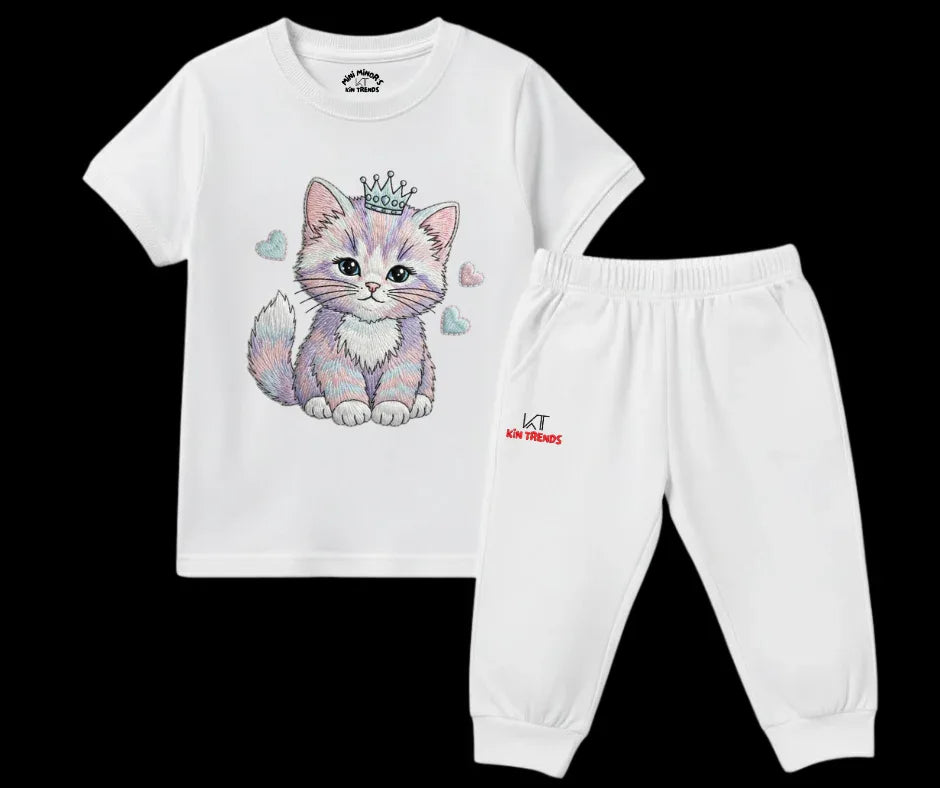 Premium Cute Cat Tracksuit (Not Embroidered) | Kids T shirt and trouser | Mini Minors Kin Trends | Kintrends