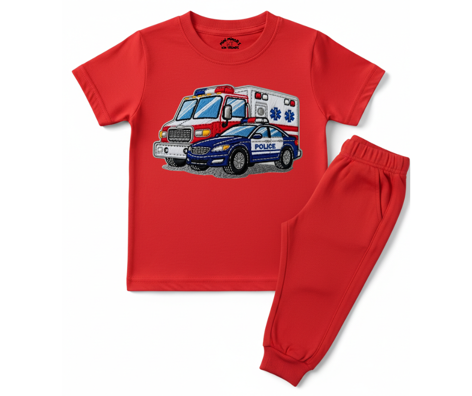 Ambulance Police Tracksuit (Not Embroidered) Kids T shirt and trouser set | Mini Minors Kin Trends | Kintrends