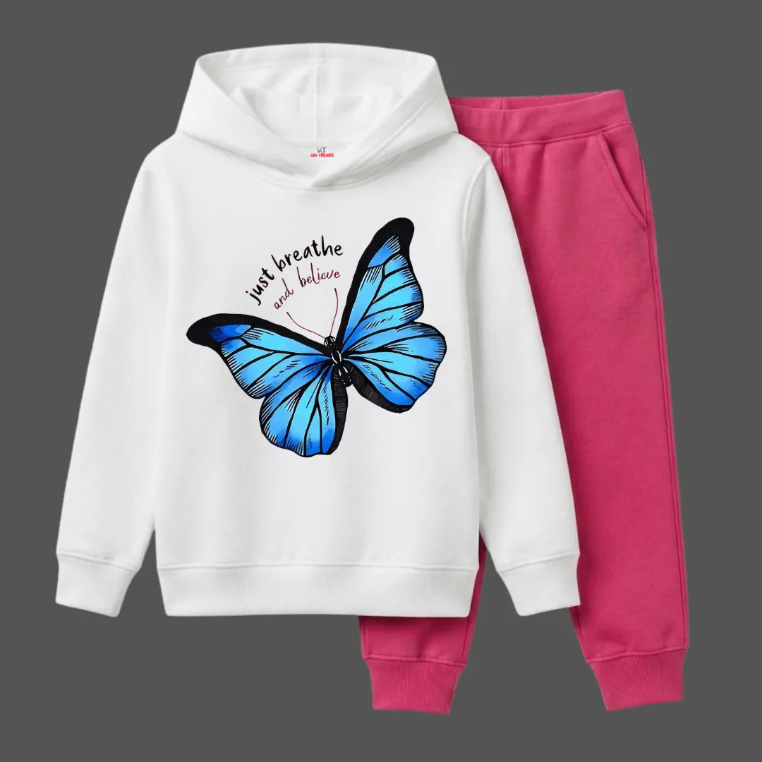 Girls White & Pink Aesthetic Butterfly Graphic Winter Hoodie Set