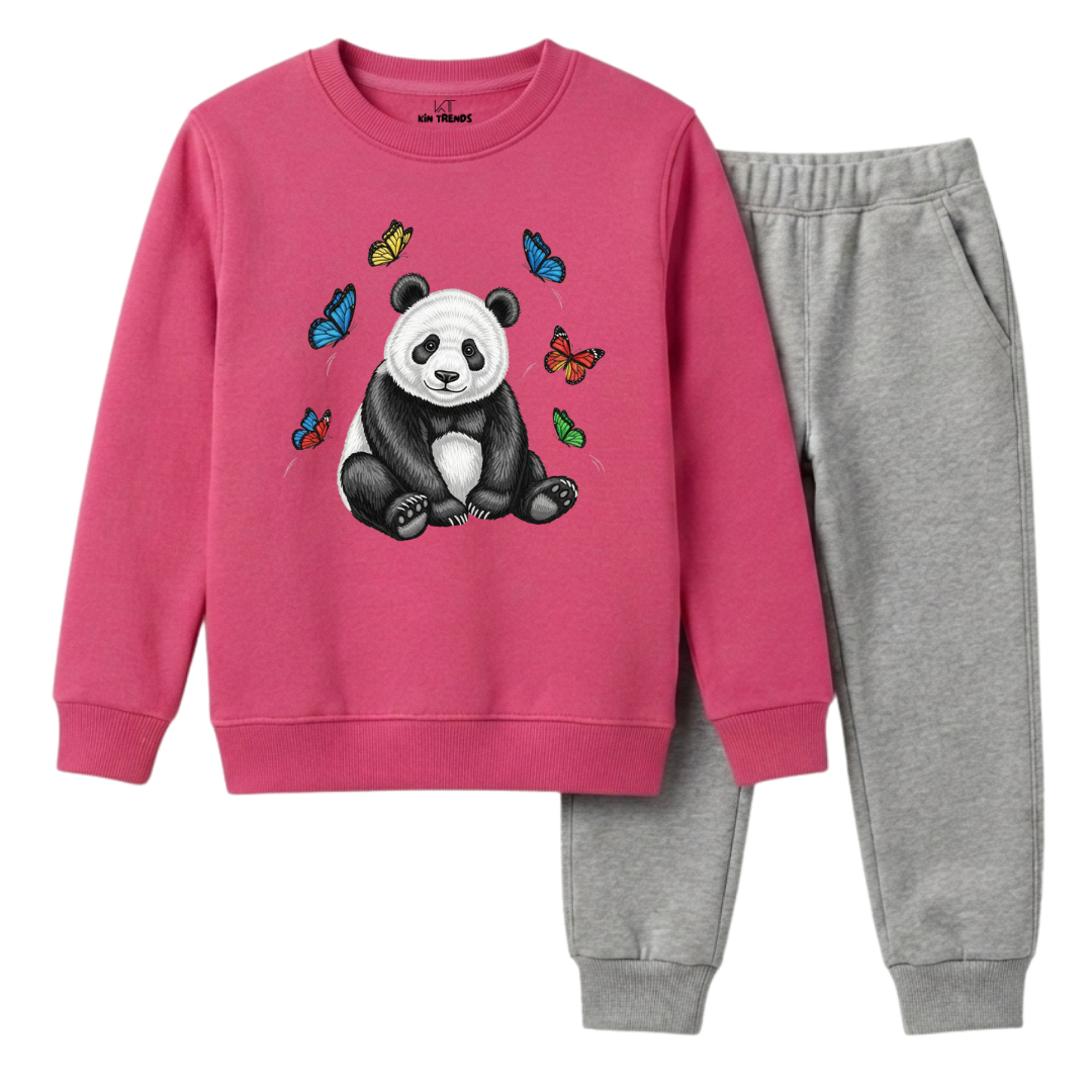 Girls Deep Pink & Grey Playful Panda Animal Graphic Winter Set