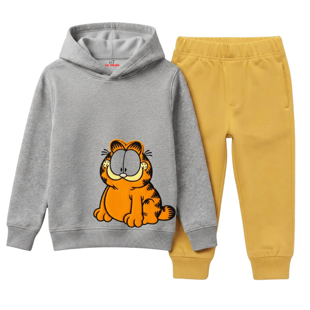Kids Grey & Yellow Classic Garfield Print Winter Hoodie & Trouser Suit