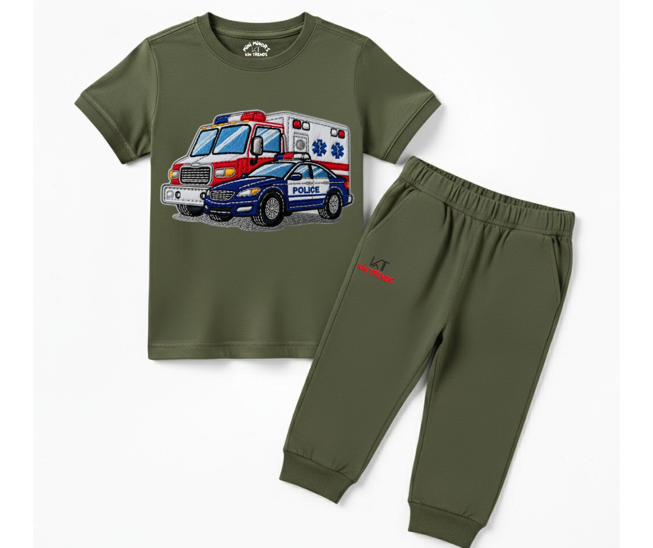 Ambulance Police Tracksuit (Not Embroidered) Kids T shirt and trouser set | Mini Minors Kin Trends | Kintrends