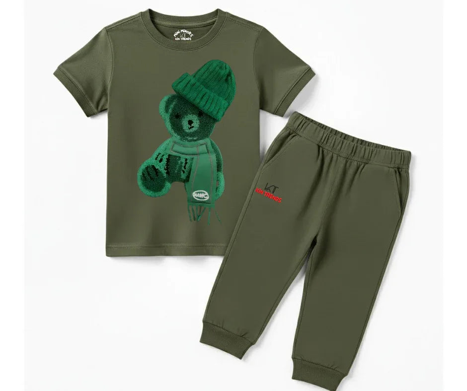 Greeny bear Tracksuit (Not Embroidered) Kids T shirt and trouser | Mini Minors Kin Trends | Kintrends
