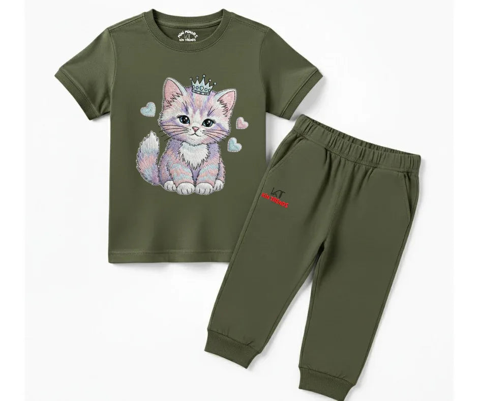 Premium Cute Cat Tracksuit (Not Embroidered) | Kids T shirt and trouser | Mini Minors Kin Trends | Kintrends