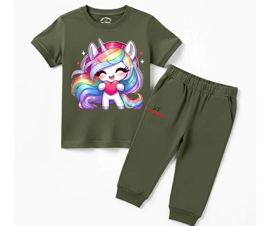 Girls Unicorn & Heart Graphic Summer Tracksuit | Mini Minors Kintrends