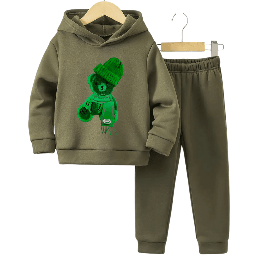 Printed Greeny Bear Fleece Hoodie Tracksuit - Kin Trends
