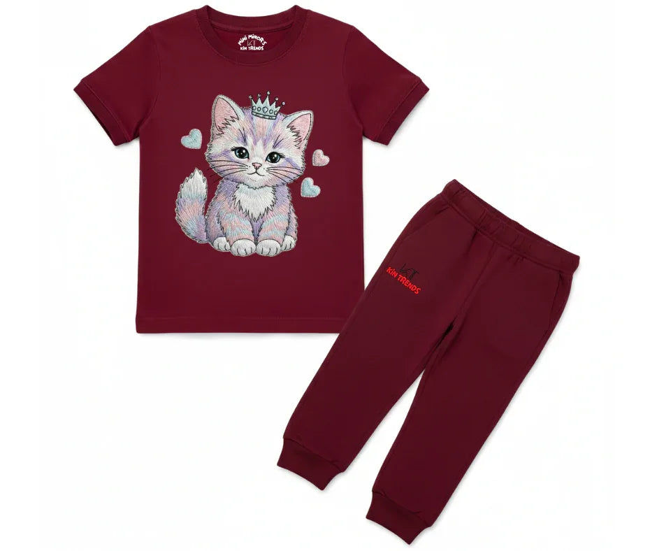 Premium Cute Cat Tracksuit (Not Embroidered) | Kids T shirt and trouser | Mini Minors Kin Trends | Kintrends