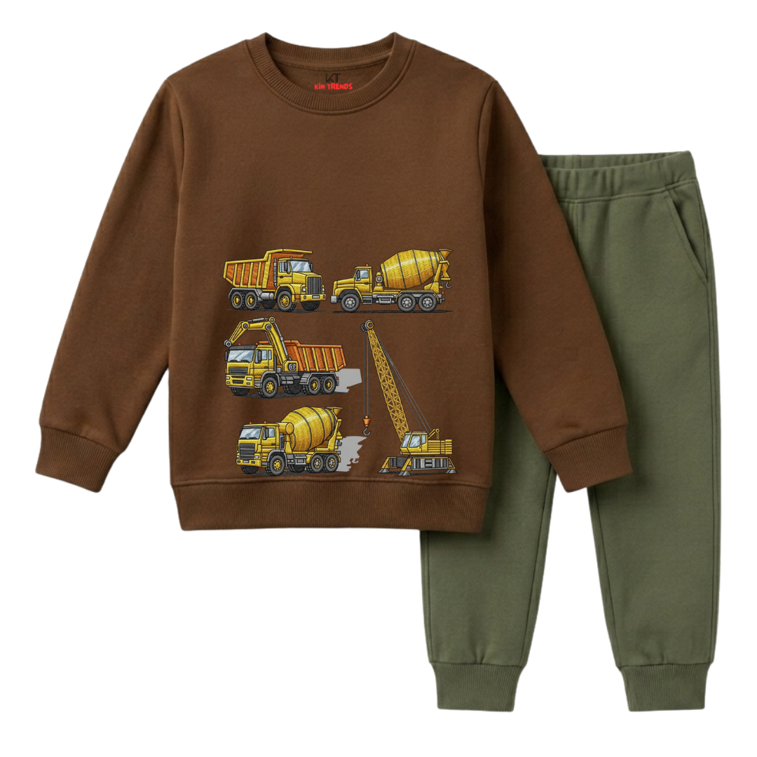 Heavy Construction Trucks & Cranes Printed Kids Winter Sweatshirt Tracksuit - 2 Pcs