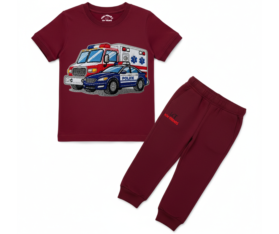 Ambulance Police Tracksuit (Not Embroidered) Kids T shirt and trouser set | Mini Minors Kin Trends | Kintrends