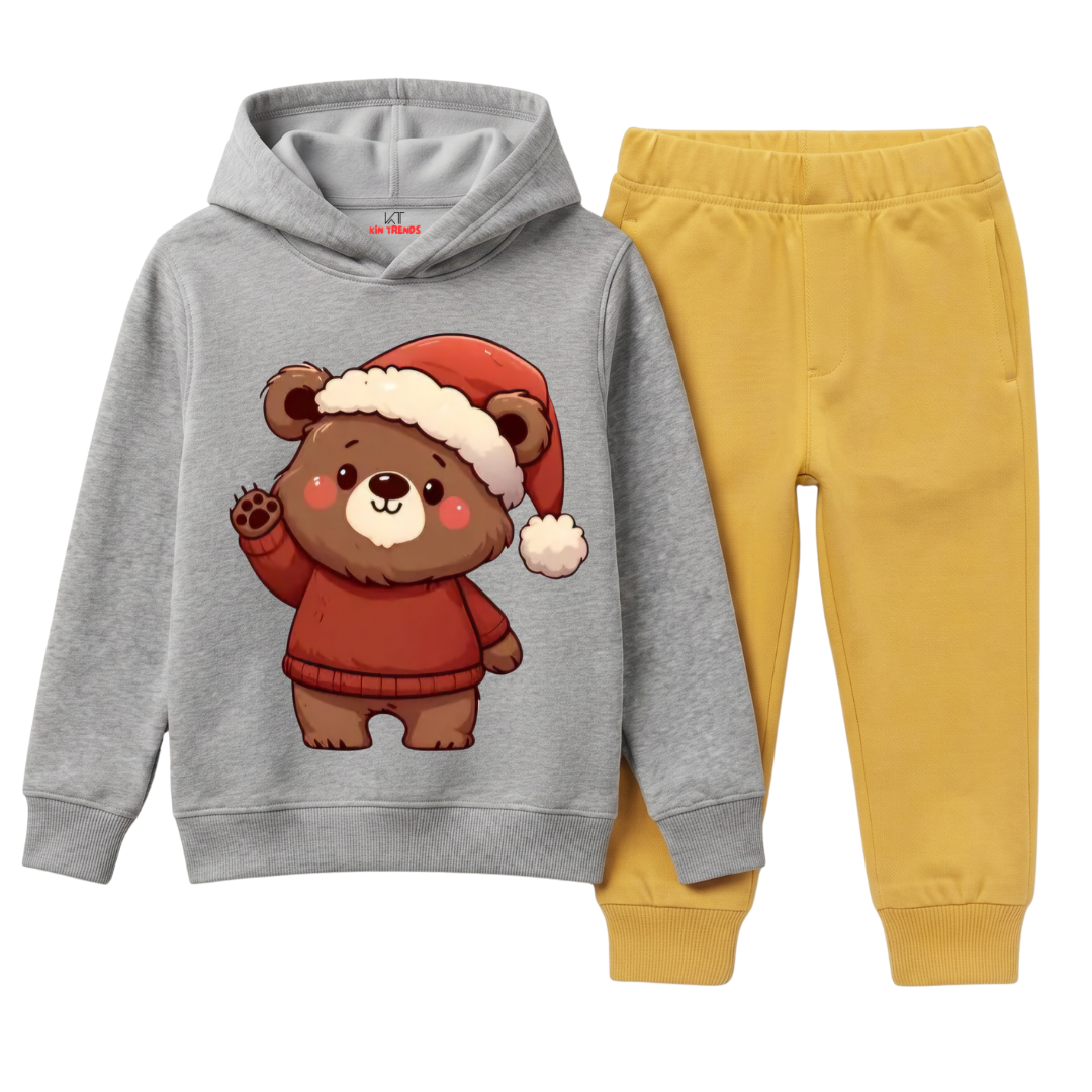 Cute Winter Teddy Bear Graphic Print Hoodie & Jogger Pants Set