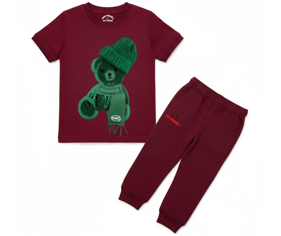Greeny bear Tracksuit (Not Embroidered) Kids T shirt and trouser | Mini Minors Kin Trends | Kintrends