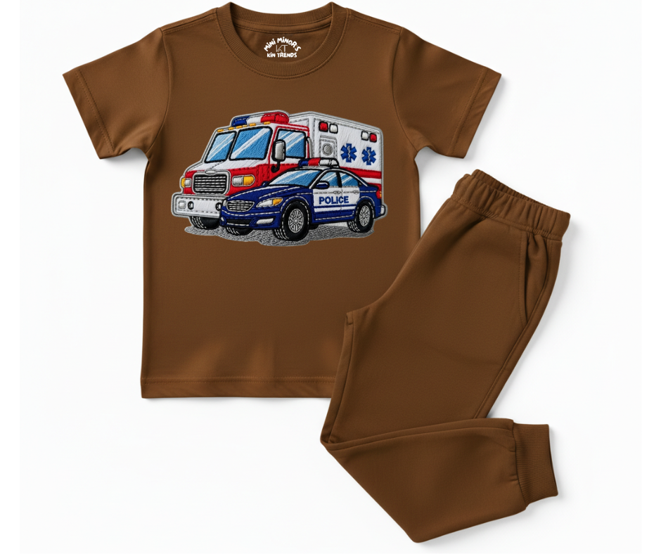 Ambulance Police Tracksuit (Not Embroidered) Kids T shirt and trouser set | Mini Minors Kin Trends | Kintrends