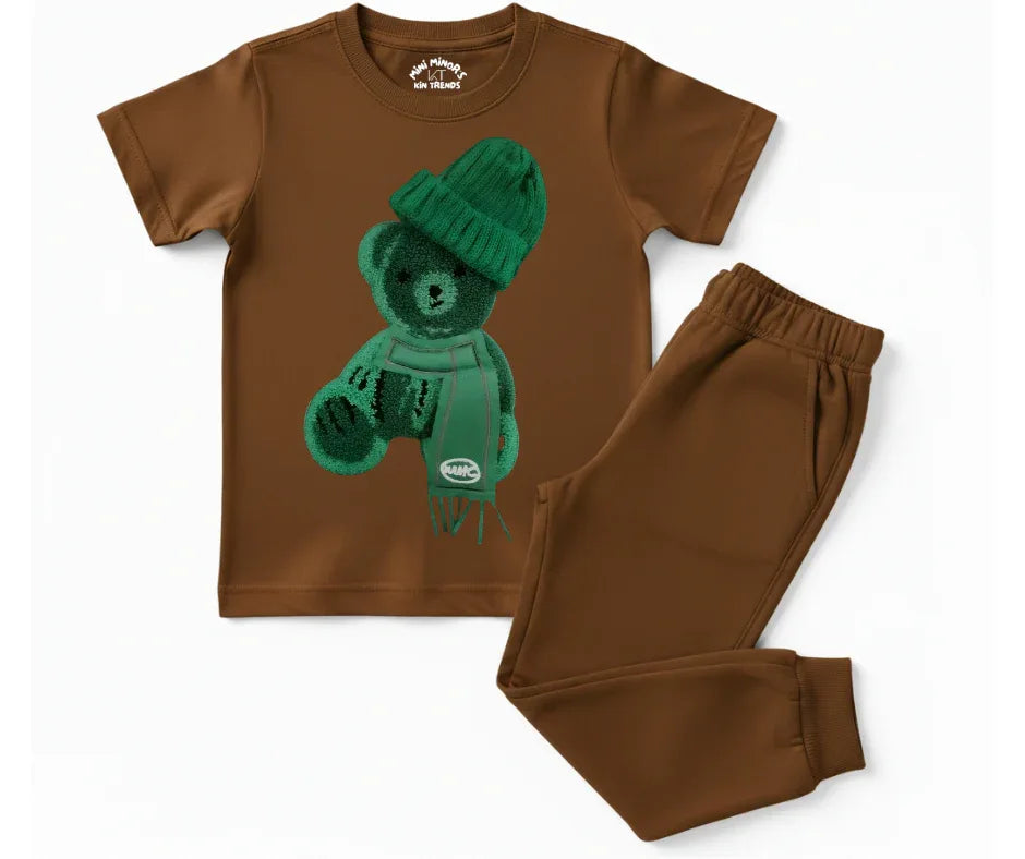 Greeny bear Tracksuit (Not Embroidered) Kids T shirt and trouser | Mini Minors Kin Trends | Kintrends