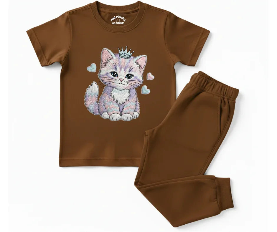 Premium Cute Cat Tracksuit (Not Embroidered) | Kids T shirt and trouser | Mini Minors Kin Trends | Kintrends