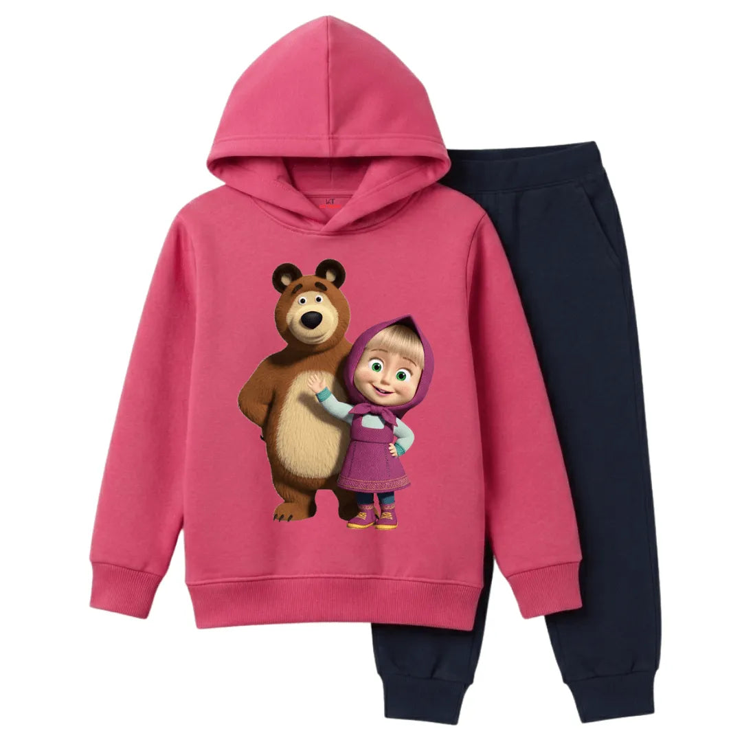 Masha And The Bear Character Printed Girls Winter Fleece Tracksuit - 2 Pcs