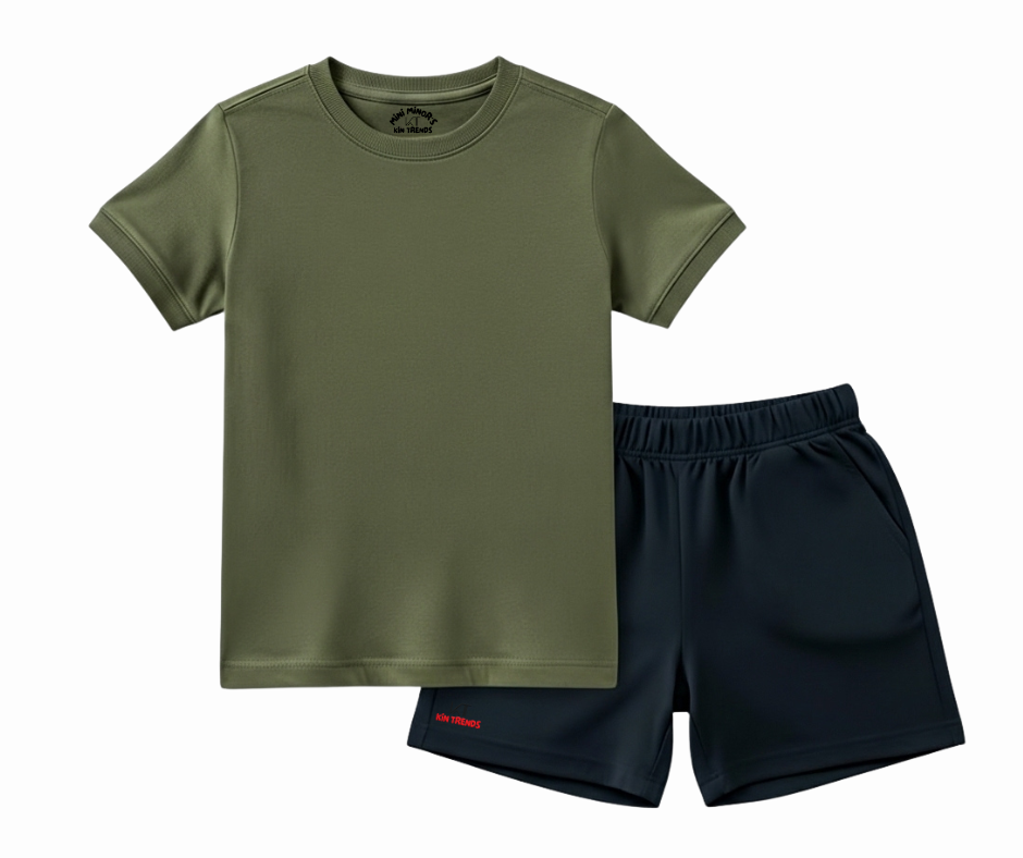 Contrast Color Plain Shorts Set