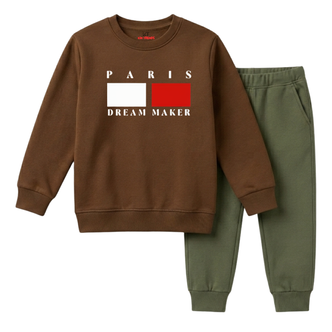 Kids Brown & Olive Green Paris Block Print Winter Clothing Set