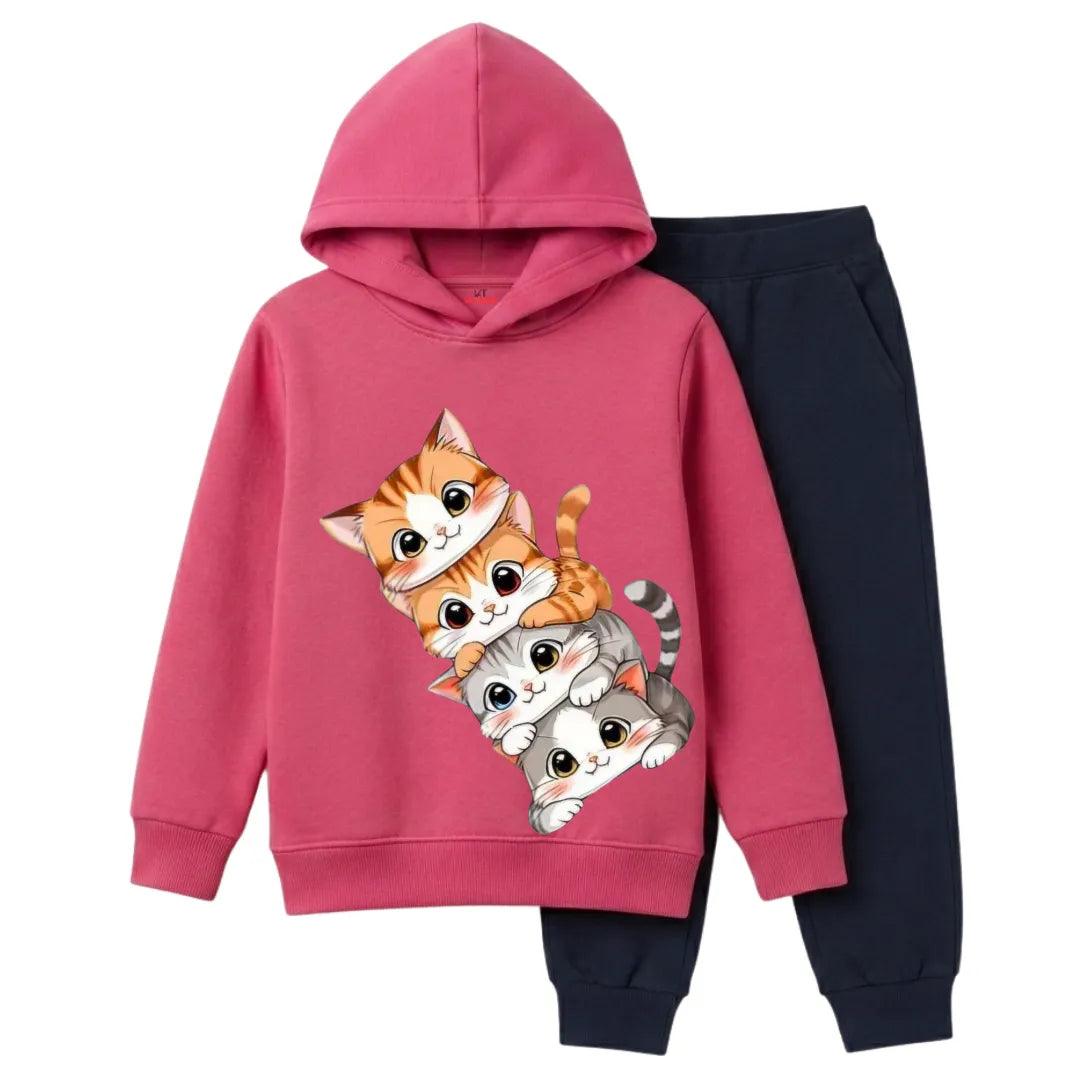 Girls Fluffy Cats Cartoon Print Warm Winter Hoodie & Trouser Set