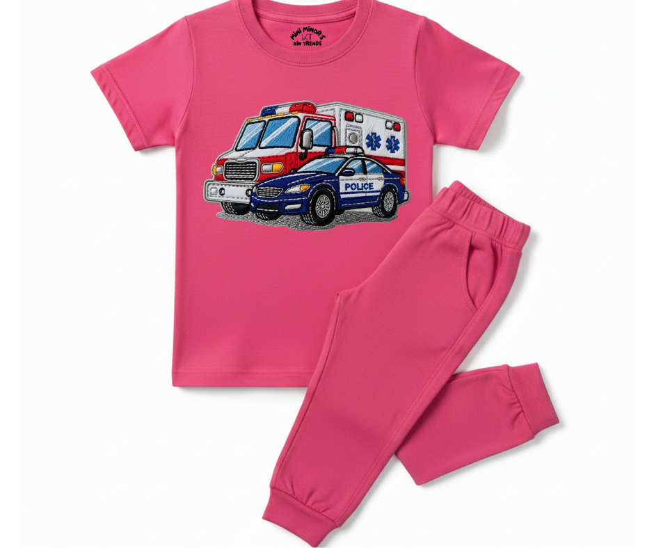 Ambulance Police Tracksuit (Not Embroidered) Kids T shirt and trouser set | Mini Minors Kin Trends | Kintrends