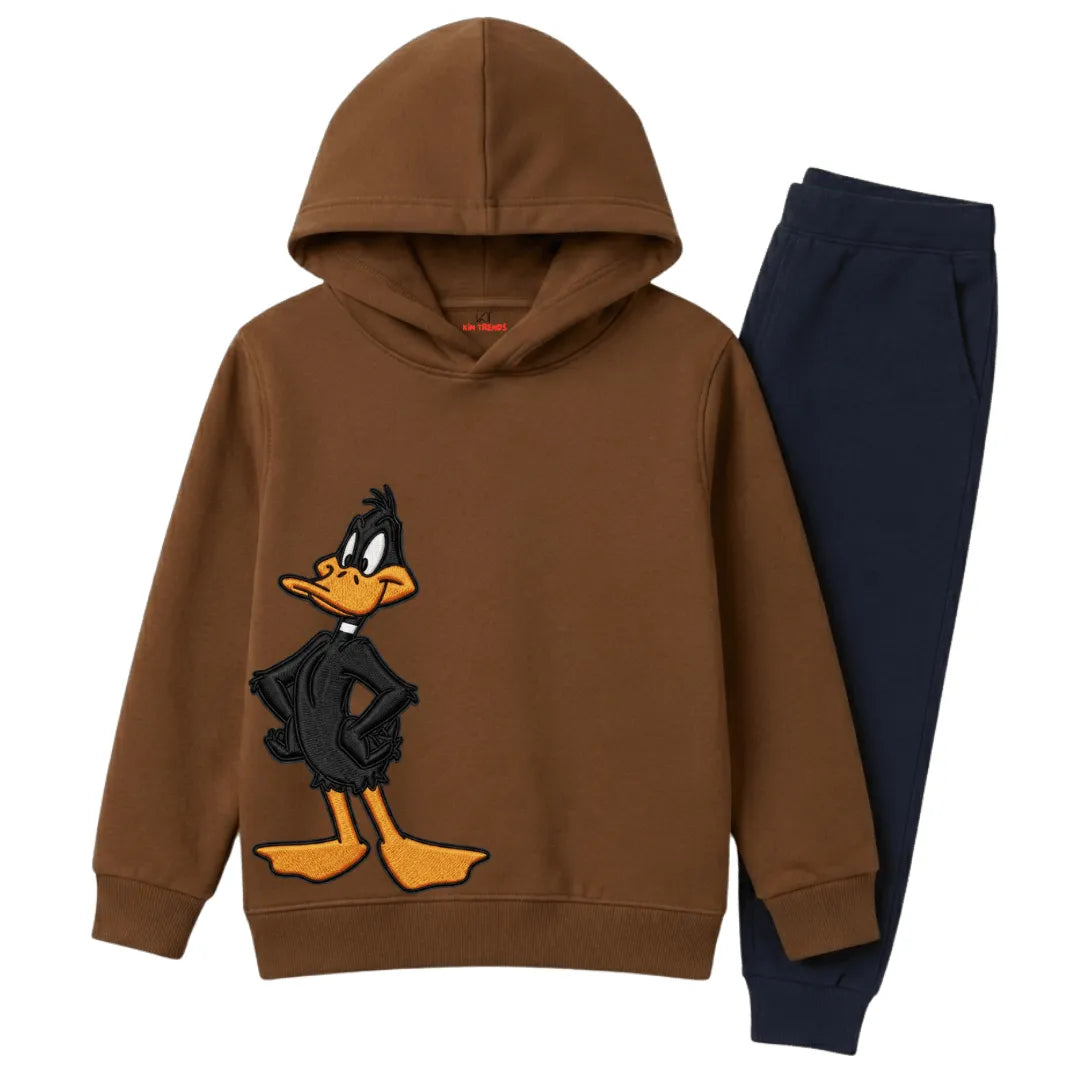 Daffy Duck Cartoon Character Printed Kids Winter Fleece Tracksuit - 2 Pcs