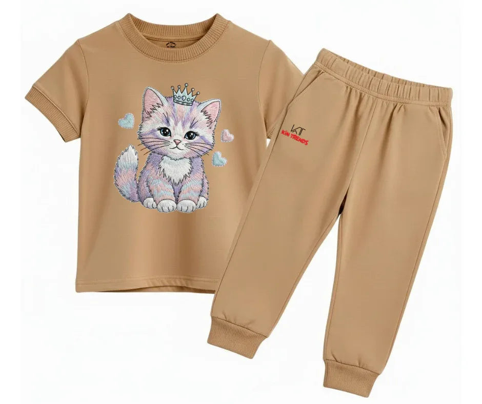 Premium Cute Cat Tracksuit (Not Embroidered) | Kids T shirt and trouser | Mini Minors Kin Trends | Kintrends