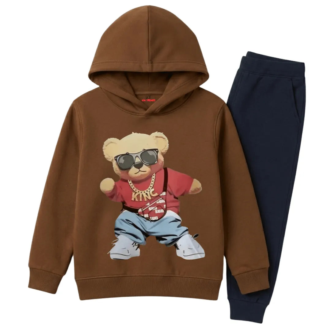 Kids Hip Hop Style Bear Print Winter Hoodie & Jogger Pants Suit