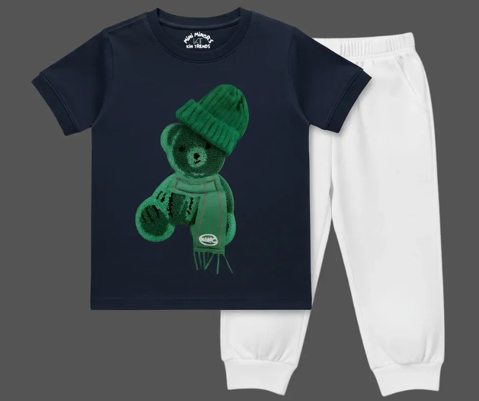 Greeny bear Color Contrast Tracksuit (Not Embroidered) Kids T shirt and trouser | Mini Minors Kin Trends | Kintrends