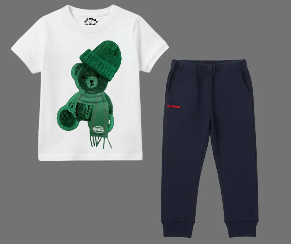 Greeny bear Color Contrast Tracksuit (Not Embroidered) Kids T shirt and trouser | Mini Minors Kin Trends | Kintrends