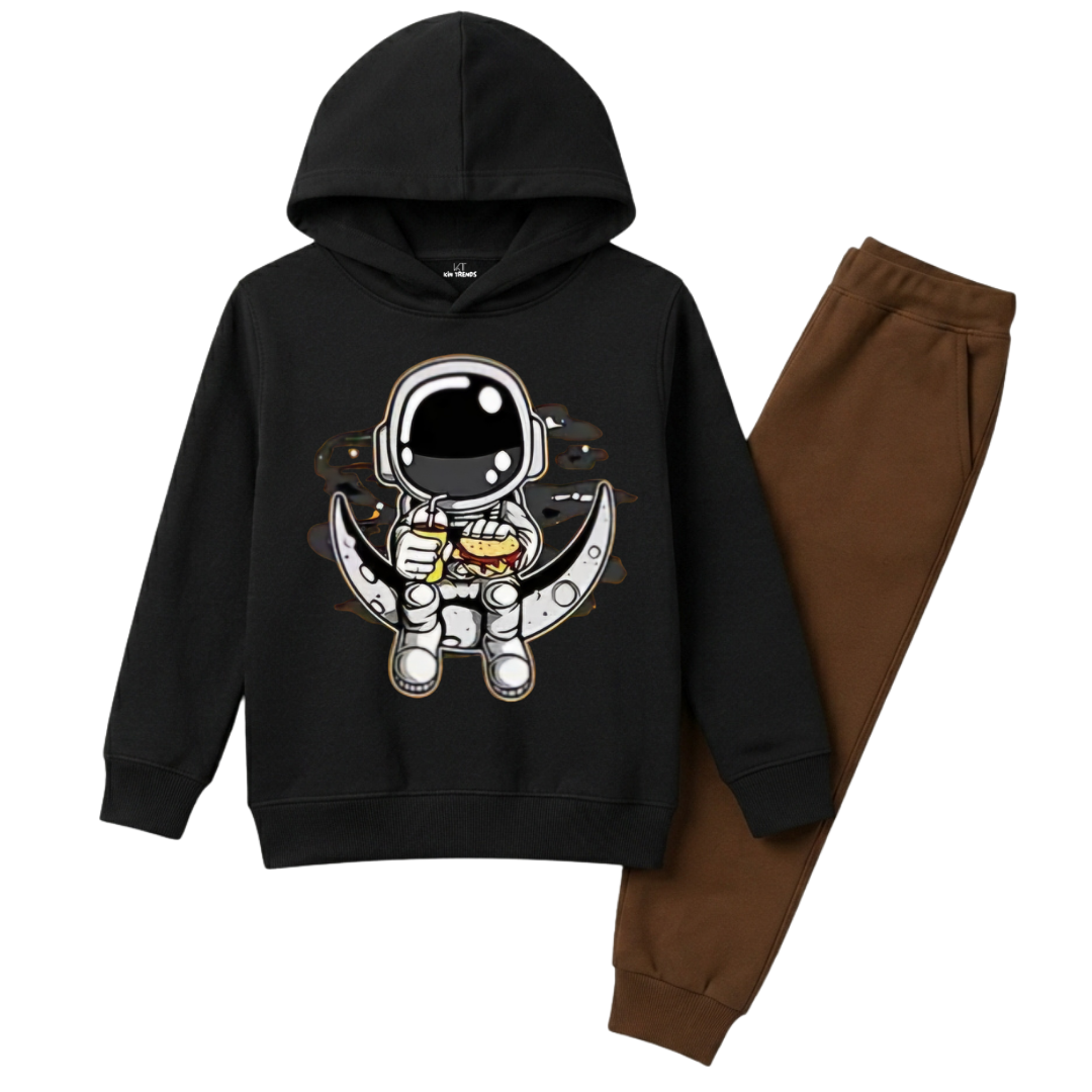 Astronaut on Moon Graphic Printed Kids Winter Fleece Tracksuit - 2 Pcs