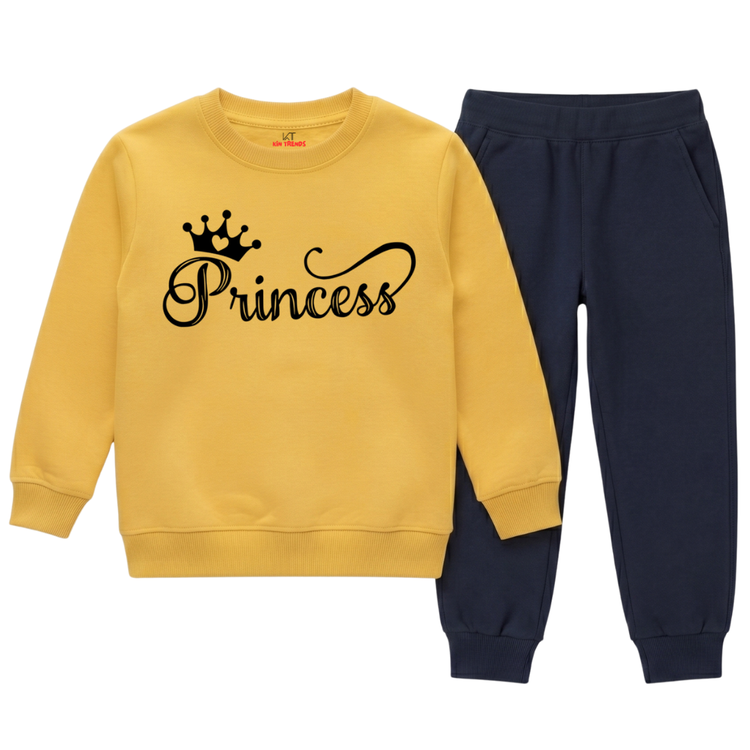 Girls Yellow & Navy Blue Cute Princess Crown Winter Suit