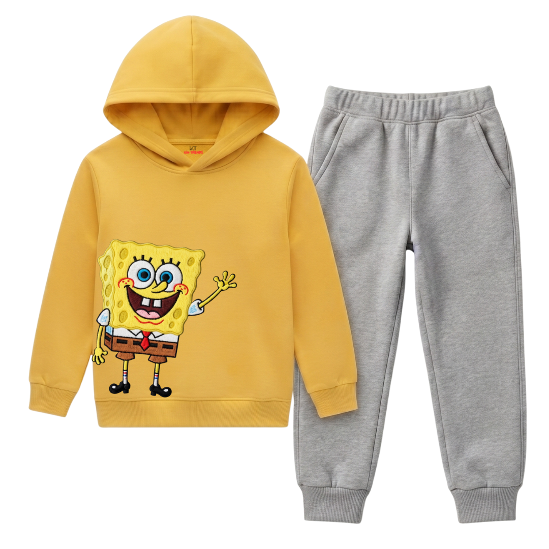 SpongeBob Cartoon Character Printed Kids Winter Fleece Tracksuit - 2 Pcs