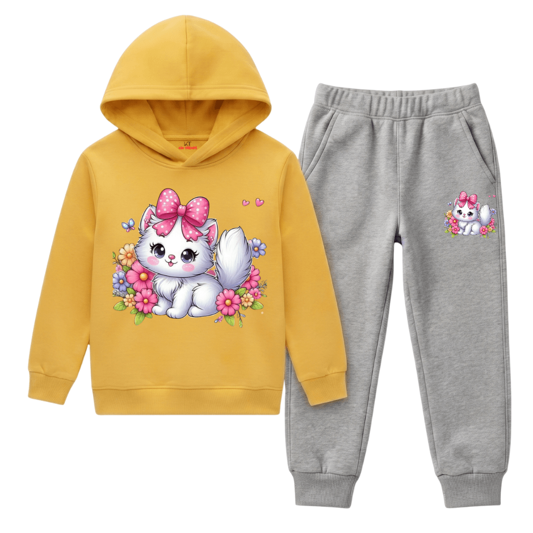 Girls Yellow & Grey Fluffy Cat Cartoon Print Winter Hoodie Set
