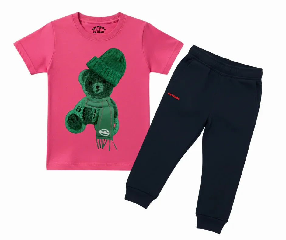 Greeny bear Color Contrast Tracksuit (Not Embroidered) Kids T shirt and trouser | Mini Minors Kin Trends | Kintrends