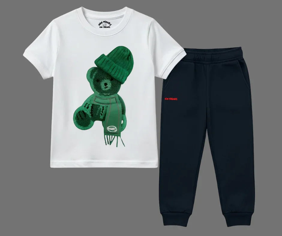 Greeny bear Color Contrast Tracksuit (Not Embroidered) Kids T shirt and trouser | Mini Minors Kin Trends | Kintrends