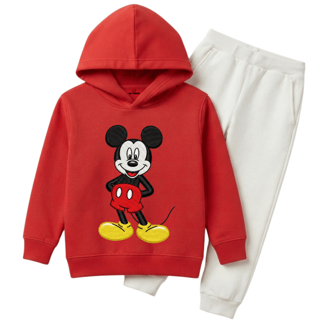 Kids Red & White Official Mickey Mouse Graphic Print Winter Hoodie Suit