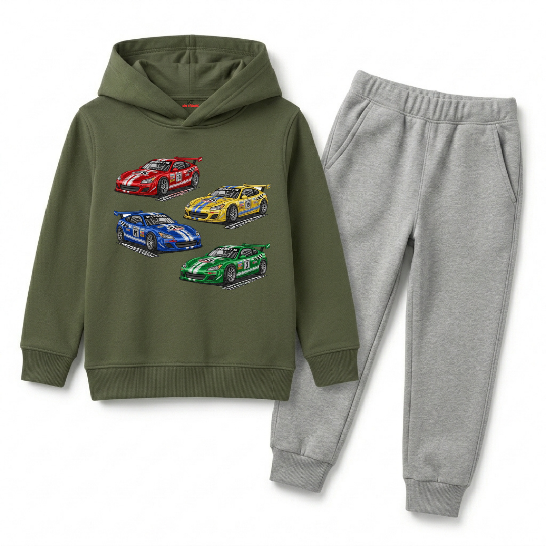 Kids Olive Green Race Car Hoodie & Jogger Pants Winter Suit
