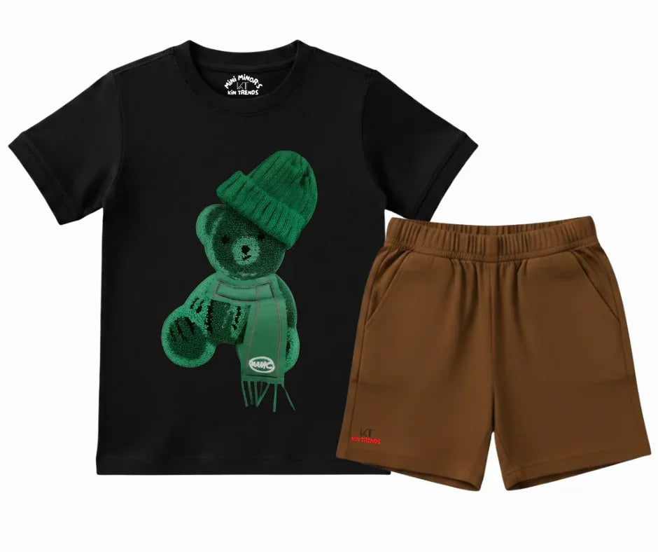 Color Contrast Greeny Bear Shorts Set (Not Embroidered) Kids T shirt and shorts | Mini Minors Kin Trends | Kintrends