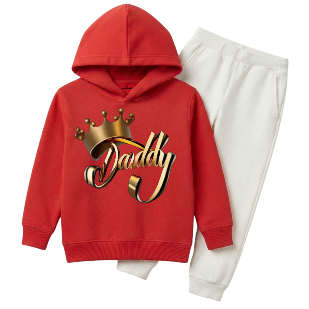 Daddy Golden Crown Typography Printed Kids Winter Fleece Tracksuit - 2 Pcs